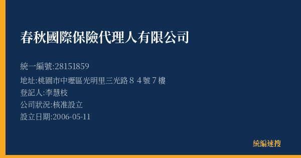 春秋國際保險代理人有限公司的照片-統編 28151859(桃園市) 公司登記資料與營業項目詳細圖表