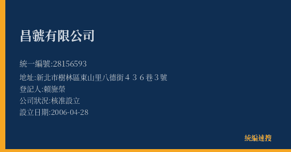 昌虢有限公司的照片-統編 28156593(新北市) 公司登記資料與營業項目詳細圖表