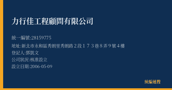 力行佳工程顧問有限公司的照片-統編 28159775(新北市) 公司登記資料與營業項目詳細圖表