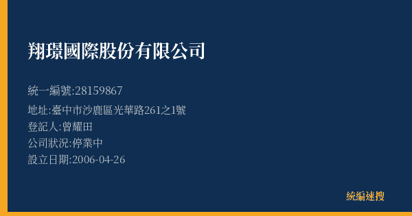 翔璟國際股份有限公司的照片-統編 28159867(臺中市) 公司登記資料與營業項目詳細圖表