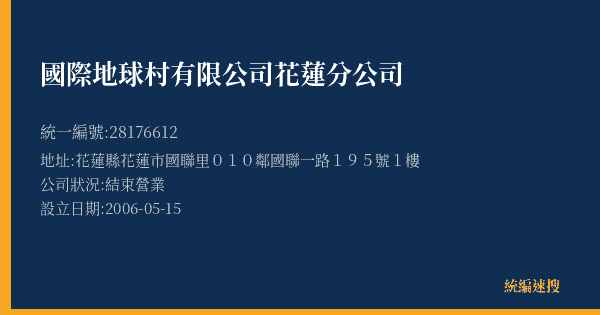 國際地球村有限公司花蓮分公司的照片-統編 28176612(花蓮縣) 公司登記資料與營業項目詳細圖表