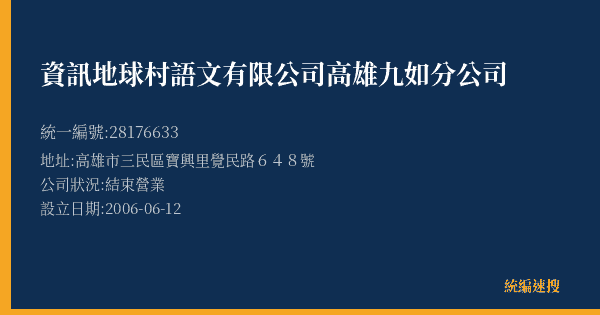 資訊地球村語文有限公司高雄九如分公司的照片-統編 28176633(高雄市) 公司登記資料與營業項目詳細圖表