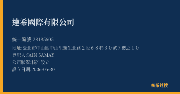 達希國際有限公司的照片-統編 28185605(臺北市) 公司登記資料與營業項目詳細圖表