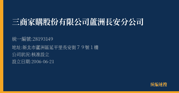 三商家購股份有限公司蘆洲長安分公司的照片-統編 28193149(新北市) 公司登記資料與營業項目詳細圖表