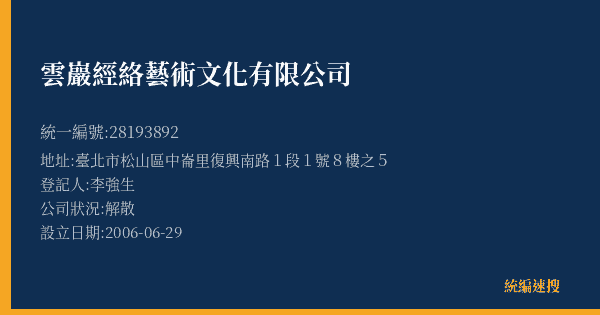 雲巖經絡藝術文化有限公司的照片-統編 28193892(臺北市) 公司登記資料與營業項目詳細圖表