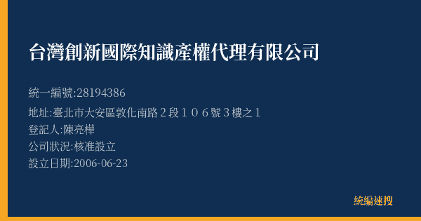 台灣創新國際知識產權代理有限公司的照片-統編 28194386(臺北市) 公司登記資料與營業項目詳細圖表