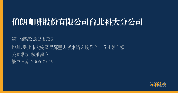 伯朗咖啡股份有限公司台北科大分公司的照片-統編 28198735(臺北市) 公司登記資料與營業項目詳細圖表