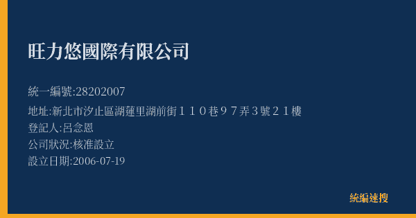 旺力悠國際有限公司的照片-統編 28202007(新北市) 公司登記資料與營業項目詳細圖表