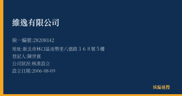 維逸有限公司的照片-統編 28208142(新北市) 公司登記資料與營業項目詳細圖表