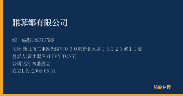 雅菲娜有限公司的照片-統編 28213588(新北市) 公司登記資料與營業項目詳細圖表