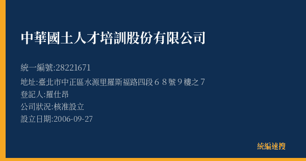 中華國土人才培訓股份有限公司的照片-統編 28221671(臺北市) 公司登記資料與營業項目詳細圖表