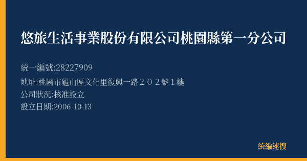 悠旅生活事業股份有限公司桃園縣第一分公司的照片-統編 28227909(桃園市) 公司登記資料與營業項目詳細圖表