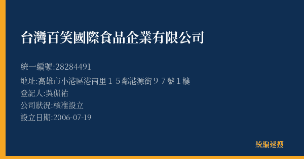 台灣百笑國際食品企業有限公司的照片-統編 28284491(高雄市) 公司登記資料與營業項目詳細圖表