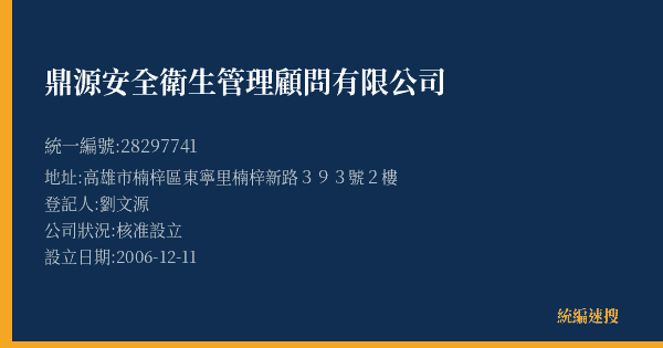 鼎源安全衛生管理顧問有限公司的照片-統編 28297741(高雄市) 公司登記資料與營業項目詳細圖表