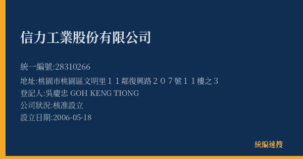 信力工業股份有限公司的照片-統編 28310266(桃園市) 公司登記資料與營業項目詳細圖表