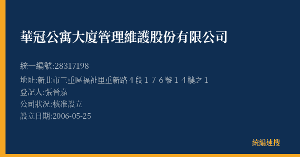 華冠公寓大廈管理維護股份有限公司的照片-統編 28317198(新北市) 公司登記資料與營業項目詳細圖表