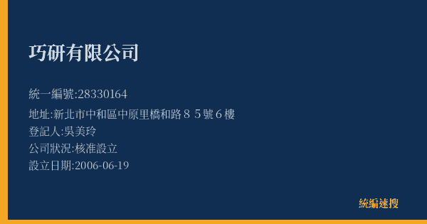 巧研有限公司的照片-統編 28330164(新北市) 公司登記資料與營業項目詳細圖表