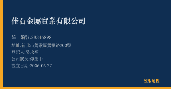 佳石金屬實業有限公司的照片-統編 28346898(新北市) 公司登記資料與營業項目詳細圖表