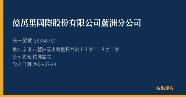 億萬里國際股份有限公司蘆洲分公司的照片-統編 28358710(新北市) 公司登記資料與營業項目詳細圖表