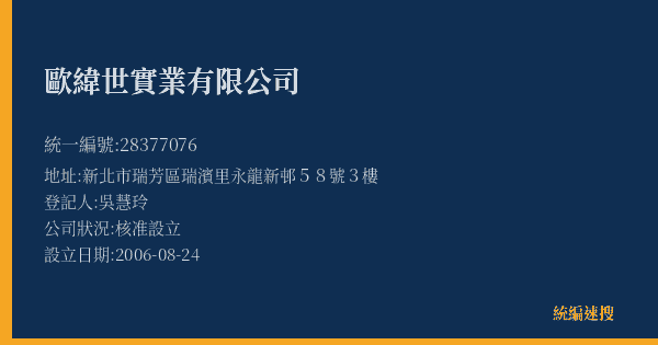 歐緯世實業有限公司的照片-統編 28377076(新北市) 公司登記資料與營業項目詳細圖表