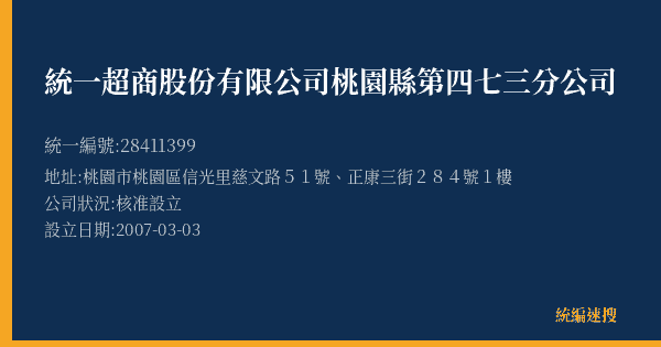 統一超商股份有限公司桃園縣第四七三分公司的照片-統編 28411399(桃園市) 公司登記資料與營業項目詳細圖表