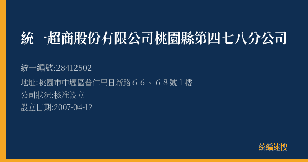統一超商股份有限公司桃園縣第四七八分公司的照片-統編 28412502(桃園市) 公司登記資料與營業項目詳細圖表