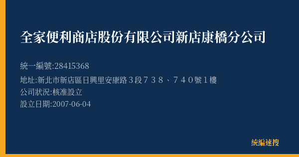 全家便利商店股份有限公司新店康橋分公司的照片-統編 28415368(新北市) 公司登記資料與營業項目詳細圖表