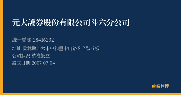 元大證券股份有限公司斗六分公司的照片-統編 28416232(雲林縣) 公司登記資料與營業項目詳細圖表