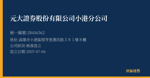元大證券股份有限公司小港分公司的照片-統編 28416562(高雄市) 公司登記資料與營業項目詳細圖表