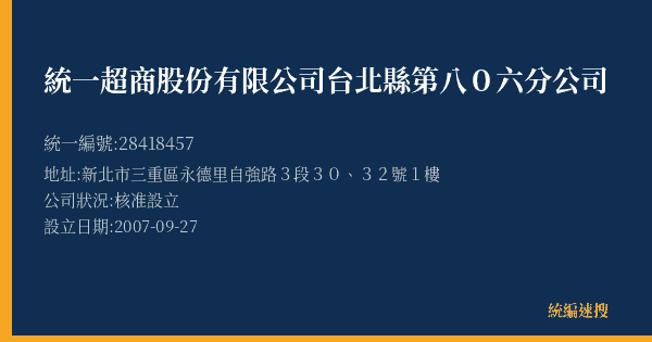 統一超商股份有限公司台北縣第八0六分公司的照片-統編 28418457(新北市) 公司登記資料與營業項目詳細圖表