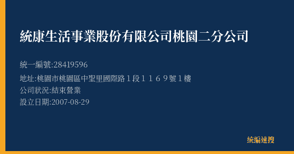 統康生活事業股份有限公司桃園二分公司的照片-統編 28419596(桃園市) 公司登記資料與營業項目詳細圖表