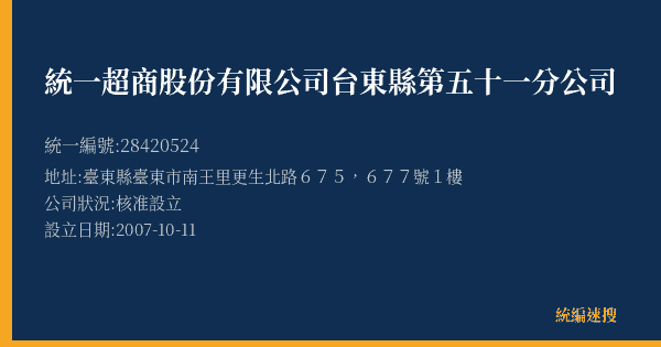 統一超商股份有限公司台東縣第五十一分公司的照片-統編 28420524(臺東縣) 公司登記資料與營業項目詳細圖表