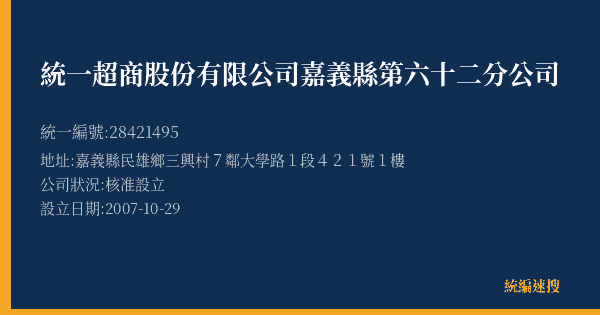 統一超商股份有限公司嘉義縣第六十二分公司的照片-統編 28421495(嘉義縣) 公司登記資料與營業項目詳細圖表