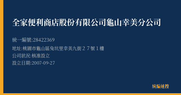 全家便利商店股份有限公司龜山幸美分公司的照片-統編 28422369(桃園市) 公司登記資料與營業項目詳細圖表