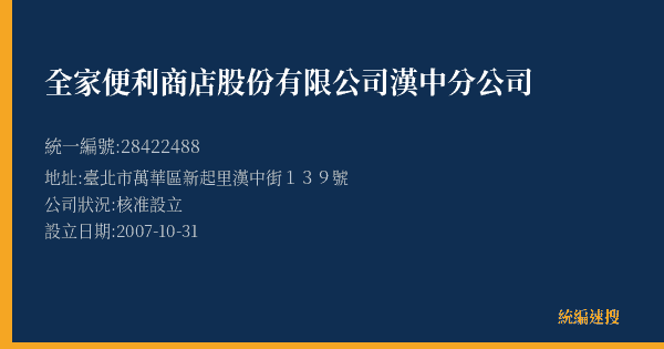 全家便利商店股份有限公司漢中分公司的照片-統編 28422488(臺北市) 公司登記資料與營業項目詳細圖表
