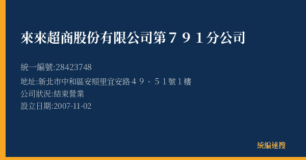 來來超商股份有限公司第791分公司的照片-統編 28423748(新北市) 公司登記資料與營業項目詳細圖表