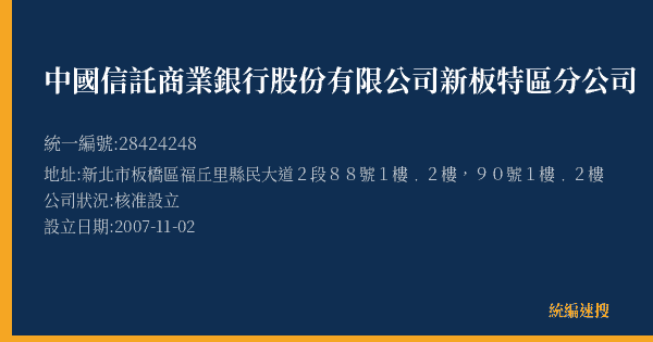 中國信託商業銀行股份有限公司新板特區分公司的照片-統編 28424248(新北市) 公司登記資料與營業項目詳細圖表