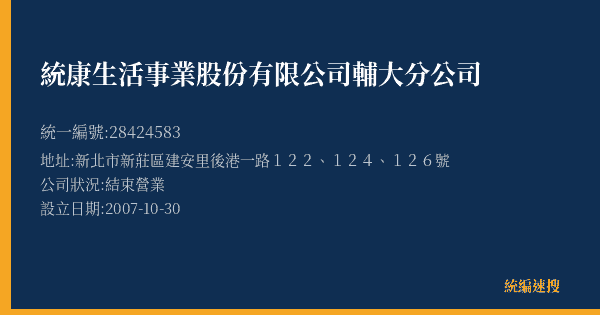 統康生活事業股份有限公司輔大分公司的照片-統編 28424583(新北市) 公司登記資料與營業項目詳細圖表