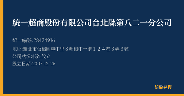統一超商股份有限公司台北縣第八二一分公司的照片-統編 28424916(新北市) 公司登記資料與營業項目詳細圖表