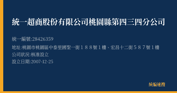 統一超商股份有限公司桃園縣第四三四分公司的照片-統編 28426359(桃園市) 公司登記資料與營業項目詳細圖表