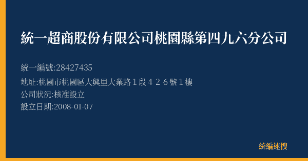 統一超商股份有限公司桃園縣第四九六分公司的照片-統編 28427435(桃園市) 公司登記資料與營業項目詳細圖表