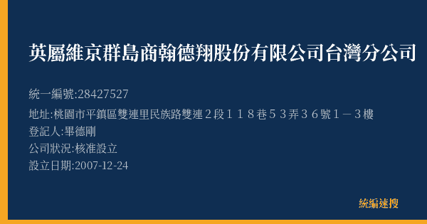 英屬維京群島商翰德翔股份有限公司台灣分公司的照片-統編 28427527(桃園市) 公司登記資料與營業項目詳細圖表