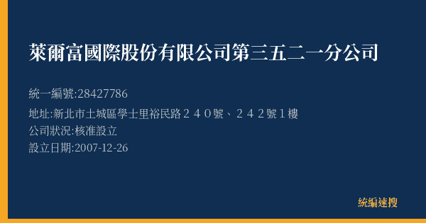 萊爾富國際股份有限公司第三五二一分公司的照片-統編 28427786(新北市) 公司登記資料與營業項目詳細圖表