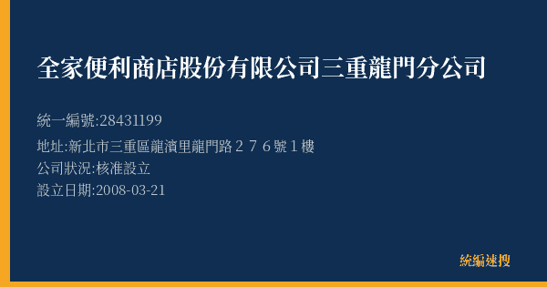 全家便利商店股份有限公司三重龍門分公司的照片-統編 28431199(新北市) 公司登記資料與營業項目詳細圖表