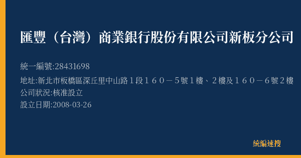 匯豐(台灣)商業銀行股份有限公司新板分公司的照片-統編 28431698(新北市) 公司登記資料與營業項目詳細圖表