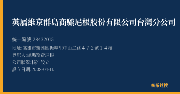 英屬維京群島商騛尼根股份有限公司台灣分公司的照片-統編 28432015(高雄市) 公司登記資料與營業項目詳細圖表