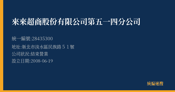 來來超商股份有限公司第五一四分公司的照片-統編 28435300(新北市) 公司登記資料與營業項目詳細圖表