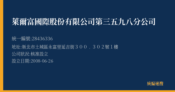 萊爾富國際股份有限公司第三五九八分公司的照片-統編 28436336(新北市) 公司登記資料與營業項目詳細圖表