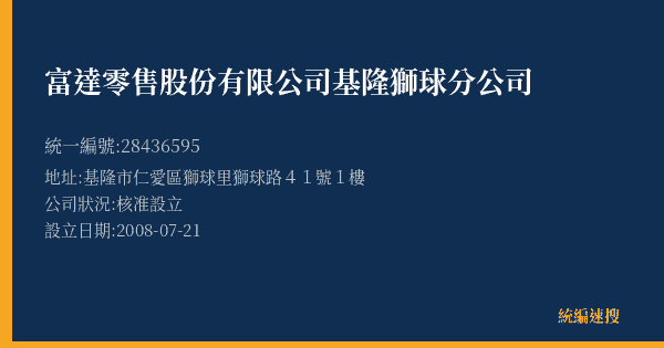 富達零售股份有限公司基隆獅球分公司的照片-統編 28436595(基隆市) 公司登記資料與營業項目詳細圖表