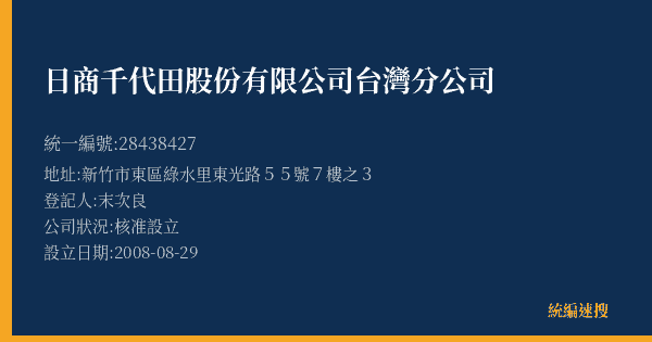 日商千代田股份有限公司台灣分公司的照片-統編 28438427(新竹市) 公司登記資料與營業項目詳細圖表